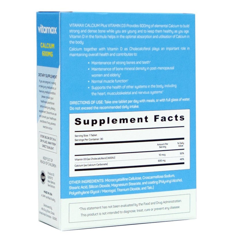 Vitamax Calcium 600mg + Vitamin-D3 400IU Tablets For Bone Health, Pack of 30's