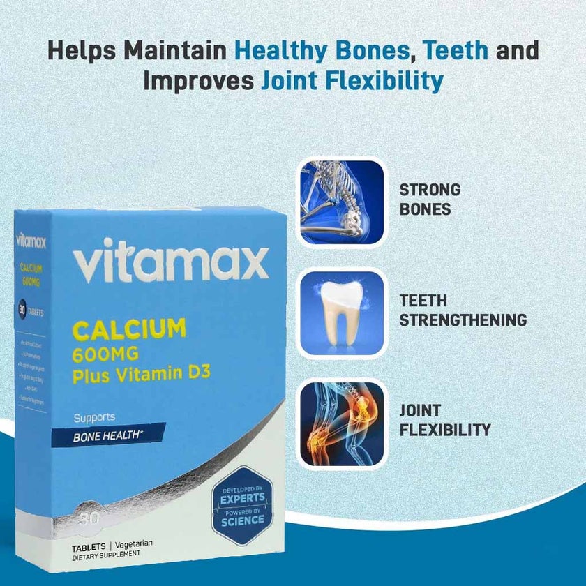 Vitamax Calcium 600mg + Vitamin-D3 400IU Tablets For Bone Health, Pack of 30's