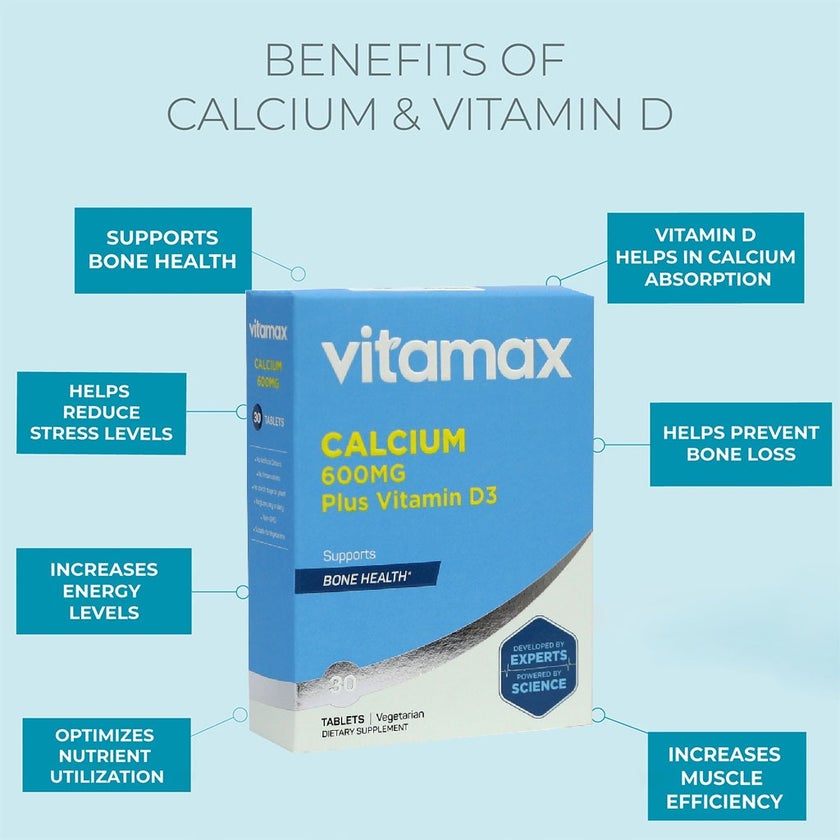 Vitamax Calcium 600mg + Vitamin-D3 400IU Tablets For Bone Health, Pack of 30's