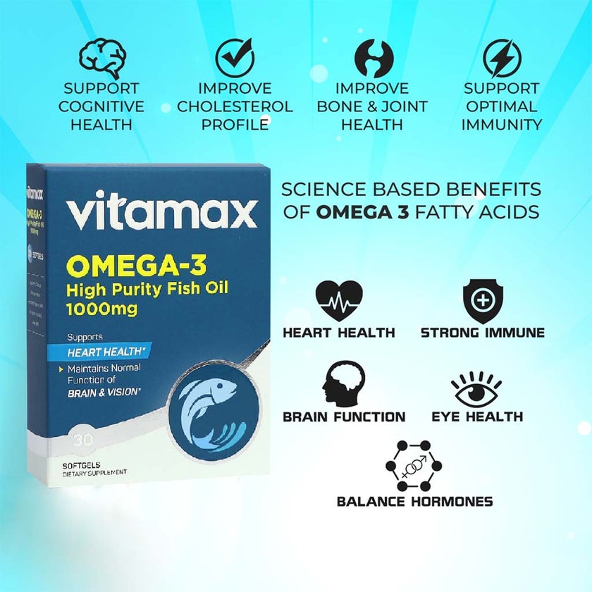 Vitamax Omega 3 1000mg Fish Oil Supplement Softgels, Pack of 30's