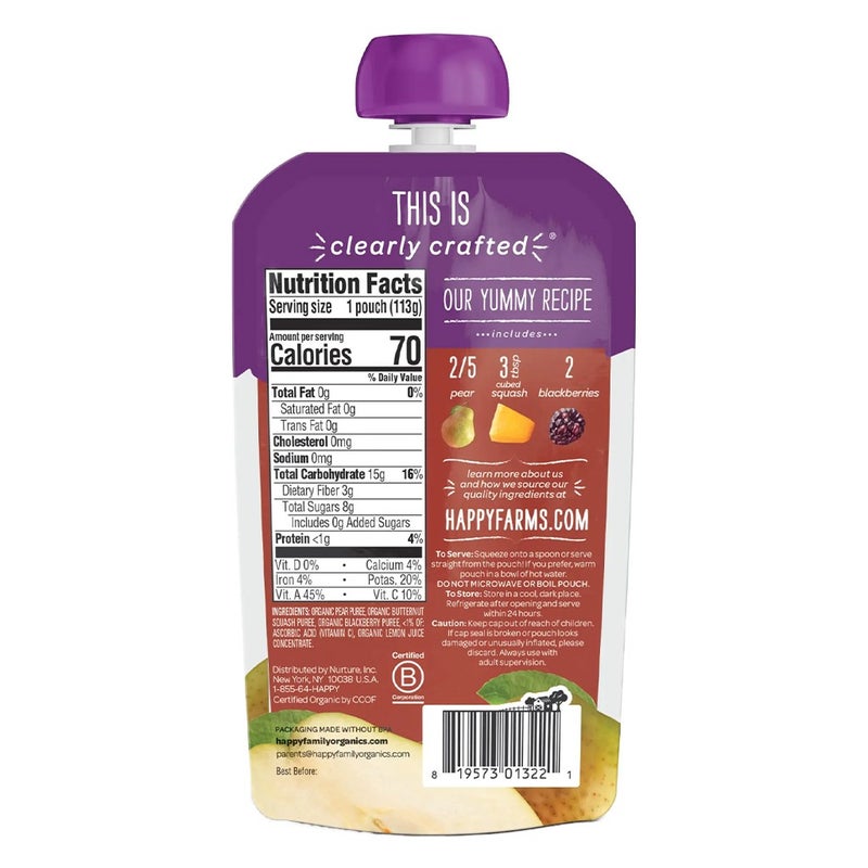 HappyBaby Organic Baby Food Pears, Squash And Blackberries 113 g