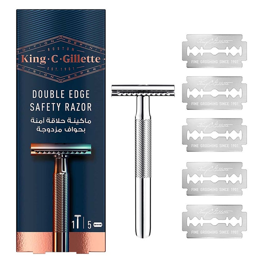 King C. Gillette Men’s Double Edge Safety Razor With Classic Inspired Chrome Plated Handle + Gillette’s Best Platinum Coated Double Edge Blades, Pack of 1 Handle + 5 Blades