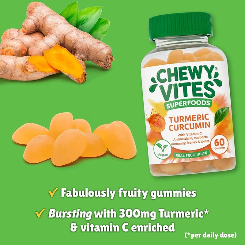 Chewy Vites Superfoods Turmeric Curcumin Gummies With Vitamin C For Antioxidant & Immunity Support, Pack of 60's