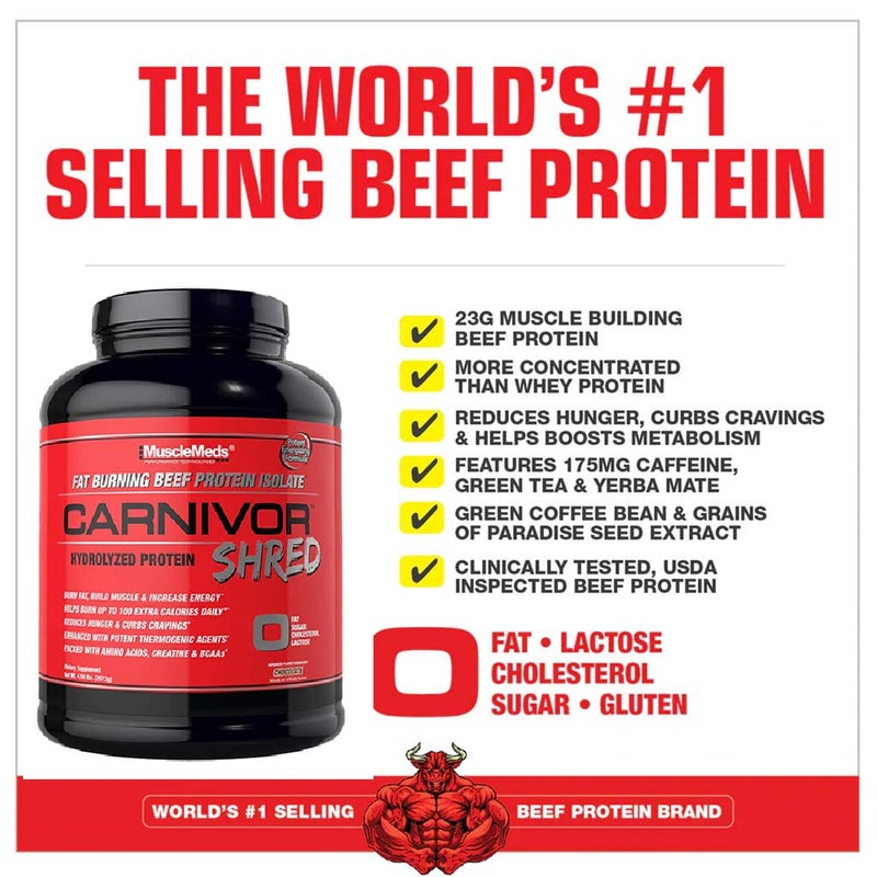 MuscleMeds Carnivor Shred Fat Burning Beef Protein Isolate Hydrolyzed Protein Powder Chocolate 4.5 lb