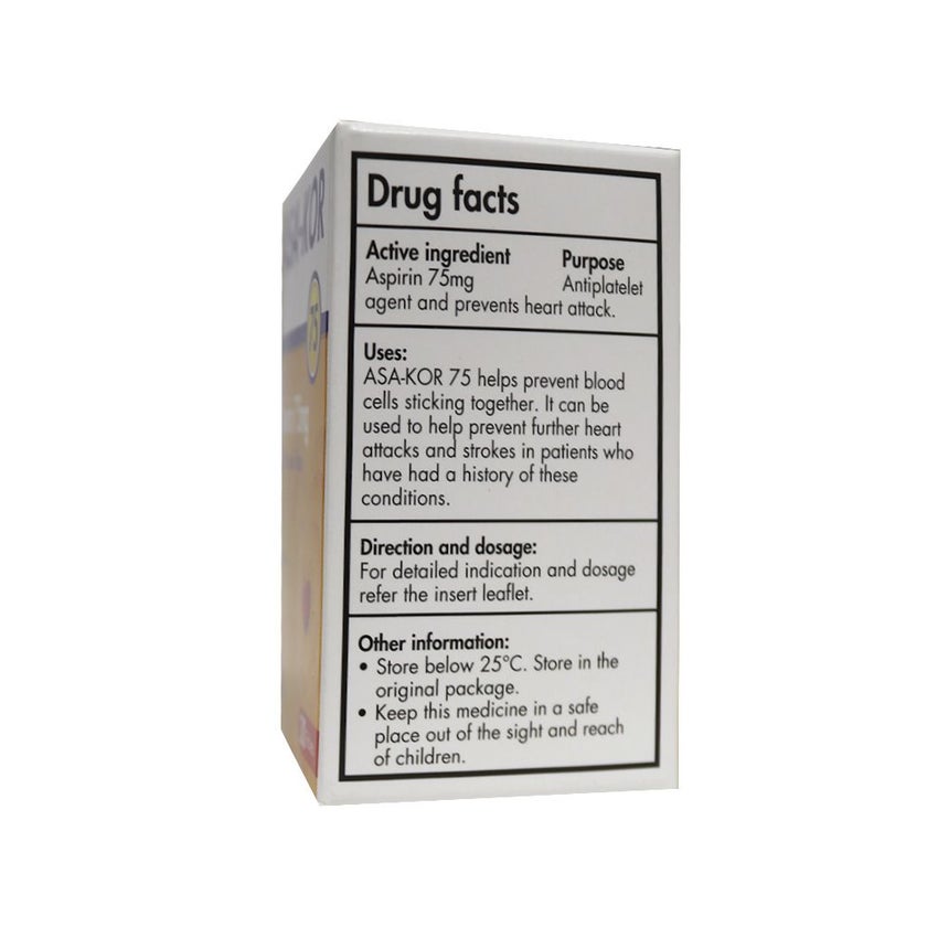 Zeino Pharma Asa-Kor 75mg Enteric Coated Tablets, Pack of 30's