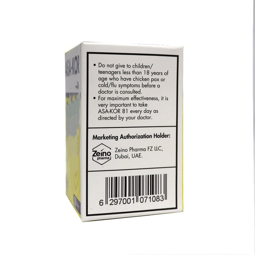 Zeino Pharma Asa-Kor Aspirin 81mg Enteric Coated Tablets, Pack of 30's