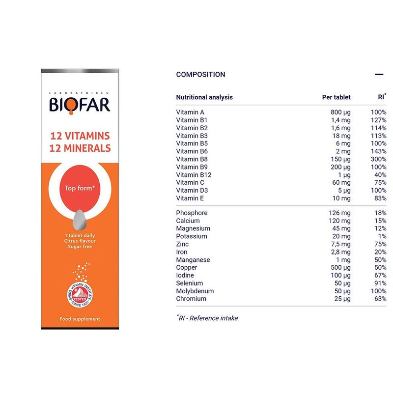 Biofar Vital 12 Vitamins & 12 Minerals Sugar Free Effervescent Tablets, Citrus Flavor, Pack of 20's