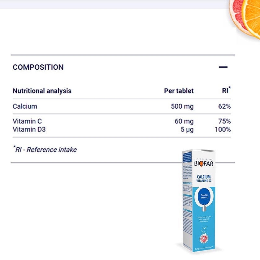 Biofar Vital Calcium Vitamin D3 Bone Capital Effervescent Tablets, Citrus Flavor, Pack of 20's