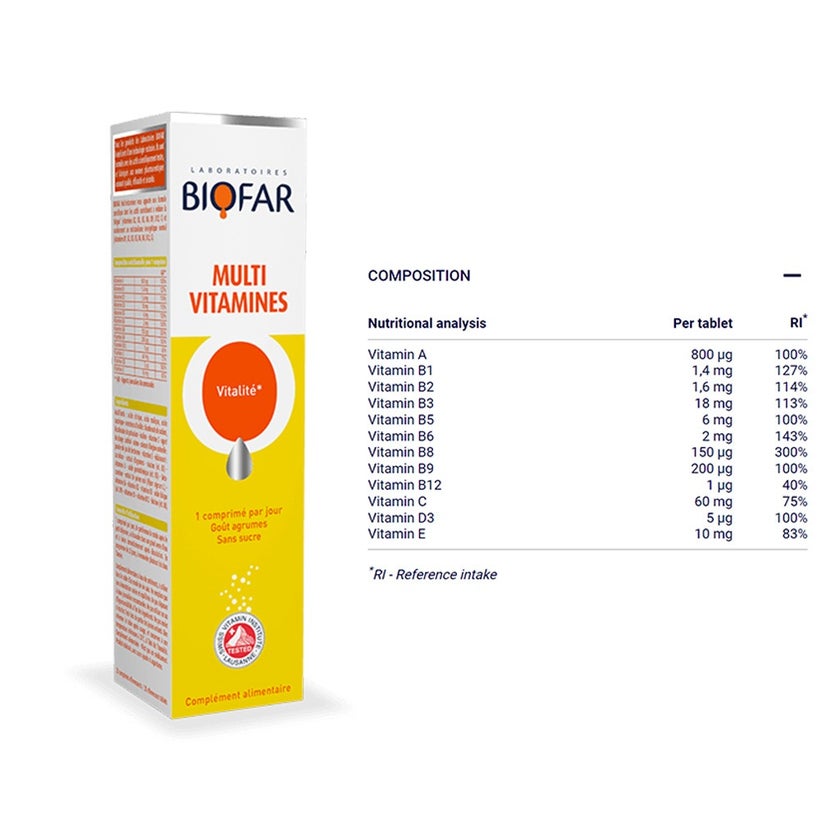 Biofar Vital Multivitamins Vitality Effervescent Tablets, Citrus Flavor, Pack of 20's