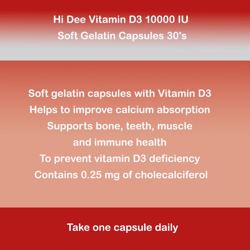 Hi Dee Vitamin D3 10000IU Soft Gelatin Capsules, Pack of 30's