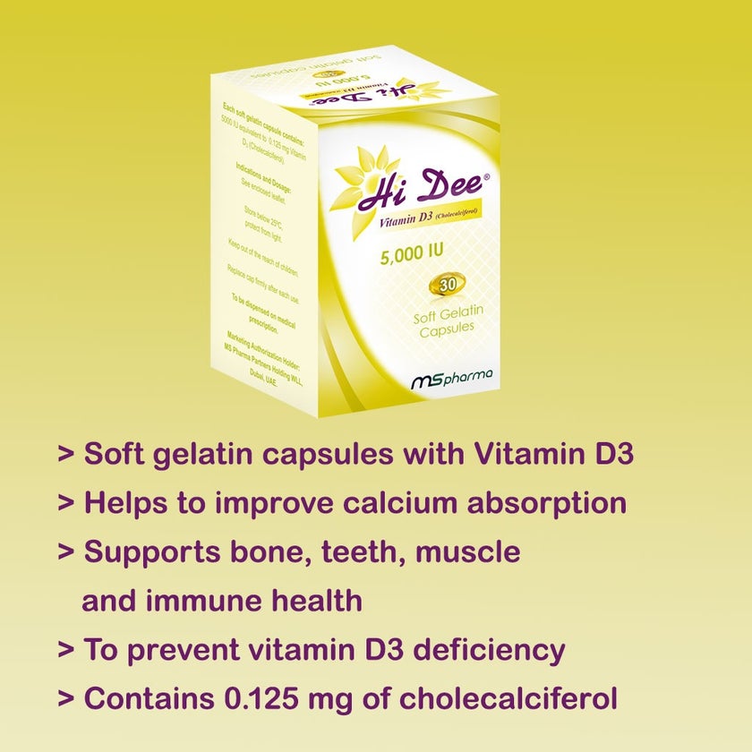 Hi Dee Vitamin D3 5000IU Soft Gelatin Capsules, Pack of 30's