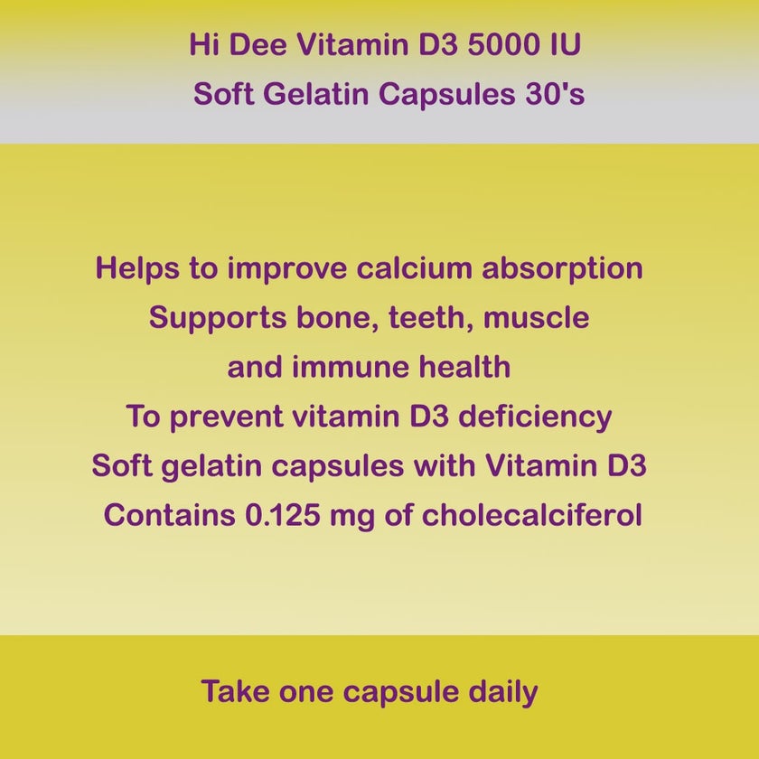 Hi Dee Vitamin D3 5000IU Soft Gelatin Capsules, Pack of 30's