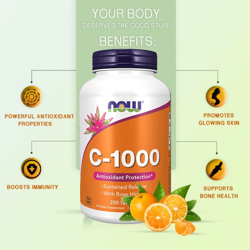 Now Vitamin C 1000mg Sustained Release Tablets With Rose Hips For Antioxidant Protection & Immune Support, Pack of 250's