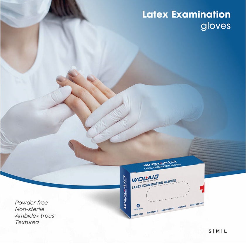 Wolaid Latex Examination Powder Free Hand Gloves Medium Size, Pack of 100’s