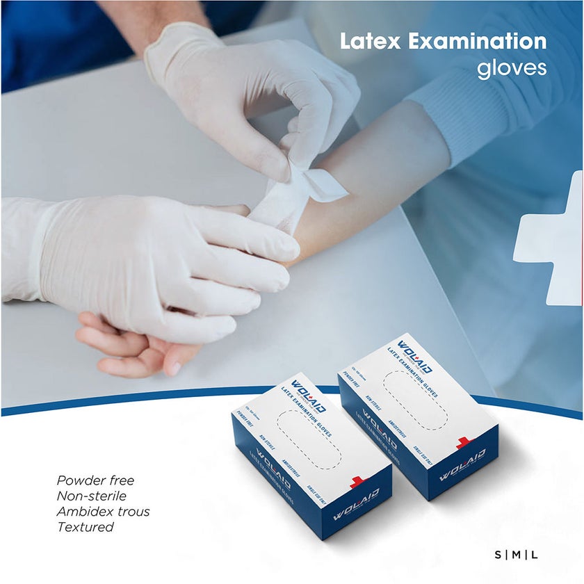Wolaid Latex Examination Powder Free Hand Gloves Medium Size, Pack of 100’s