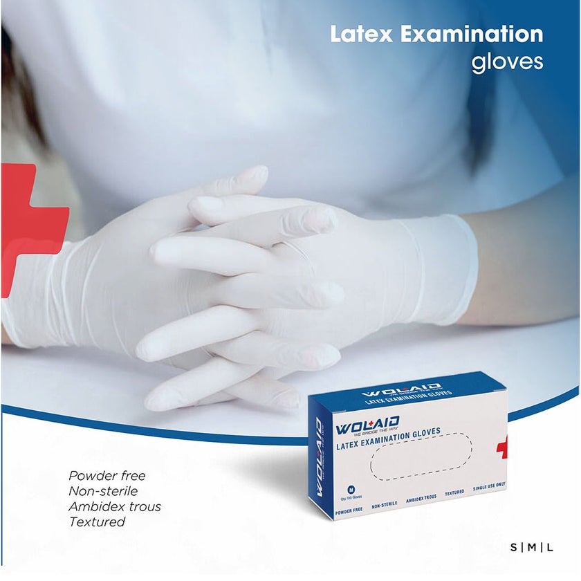 Wolaid Latex Examination Powder Free Hand Gloves Medium Size, Pack of 100’s