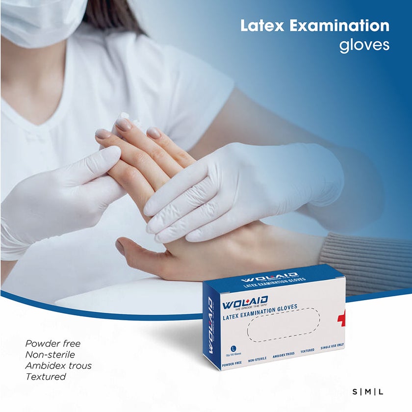 Wolaid Latex Examination Powder Free Hand Gloves Large Size, Pack of 100’s