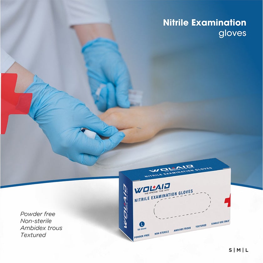Wolaid Nitrile Examination Powder Free Hand Gloves Large Size, Pack of 100’s 