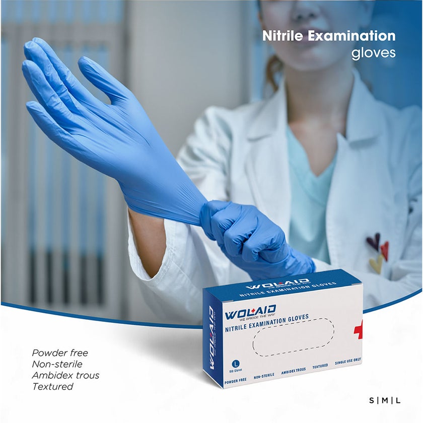 Wolaid Nitrile Examination Powder Free Hand Gloves Large Size, Pack of 100’s 