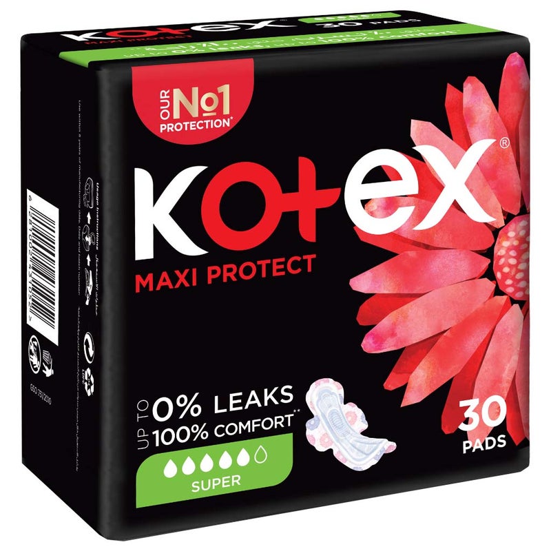 Kotex Maxi Protect Thick Pads With Wings, Super Size, Pack of 30's