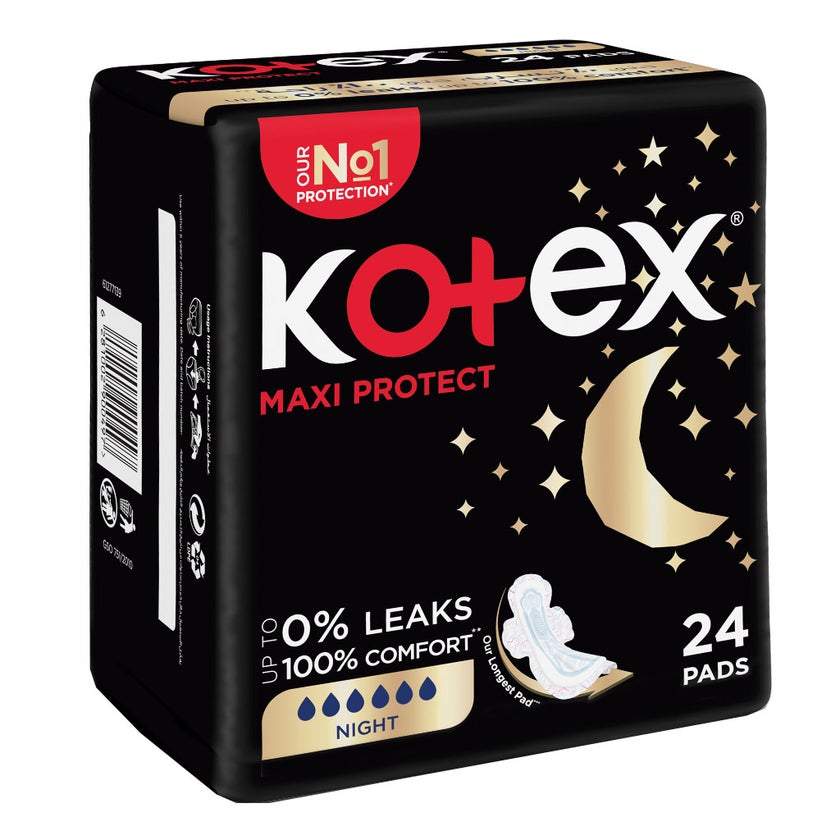 Kotex Maxi Protect Thick Sanitary Pads With Wings For Overnight Protection, Pack of 24's