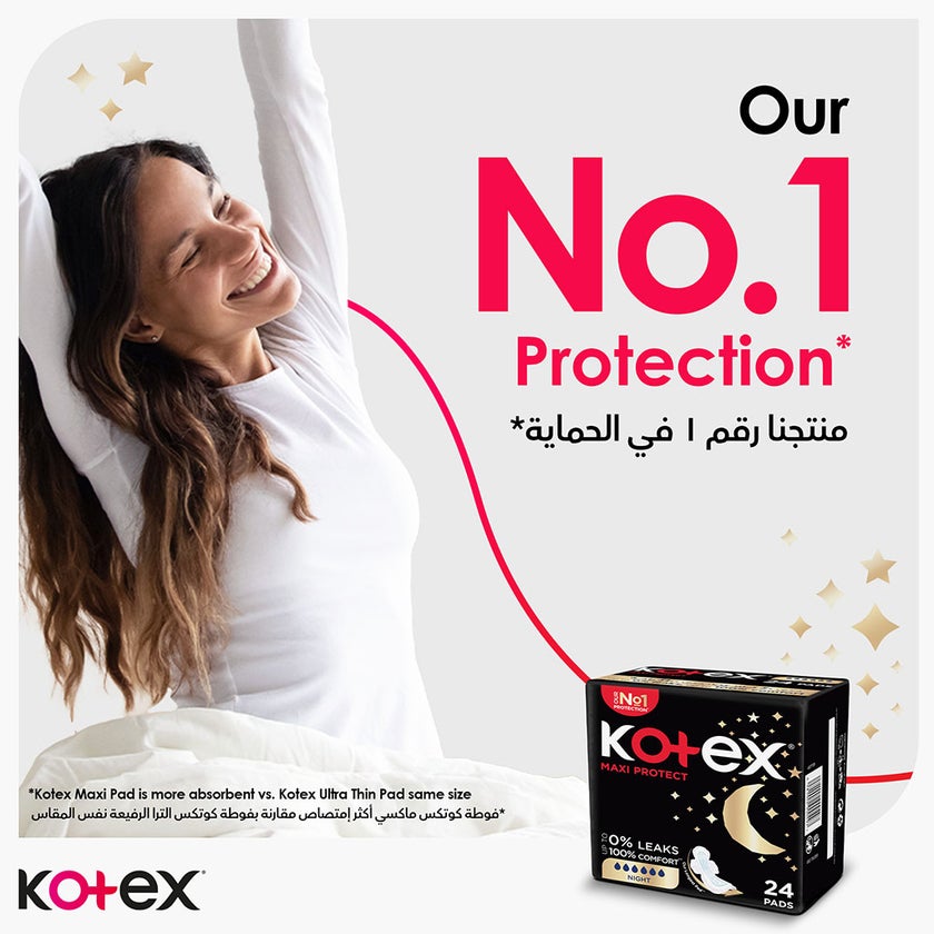 Kotex Maxi Protect Thick Sanitary Pads With Wings For Overnight Protection, Pack of 24's