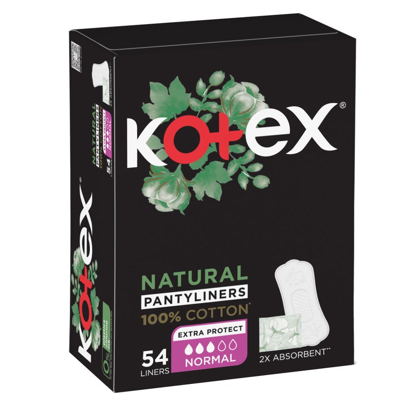 Kotex Natural Panty Liners Made Of 100% Cotton For Extra Protection, Normal Size, Pack of 54's