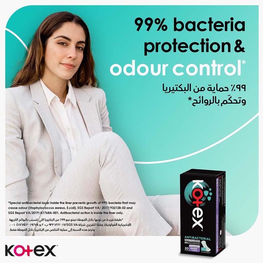 Kotex Antibacterial Daily Panty Liners For 99% Protection from Bacteria, Scented, Long Size, Pack of 20's