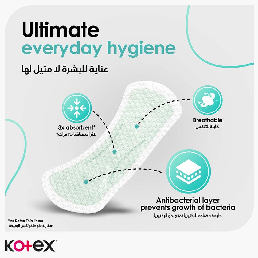 Kotex Antibacterial Daily Panty Liners For 99% Protection from Bacteria, Scented, Long Size, Pack of 20's