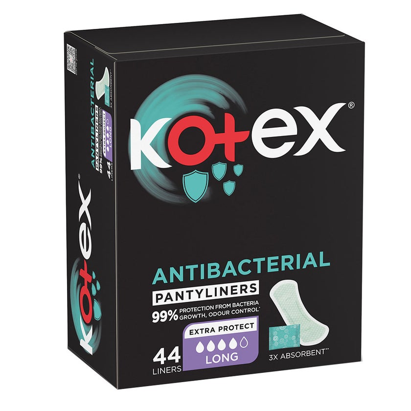 Kotex Antibacterial Daily Panty Liners For 99% Protection from Bacteria, Long Size, Pack of 44's