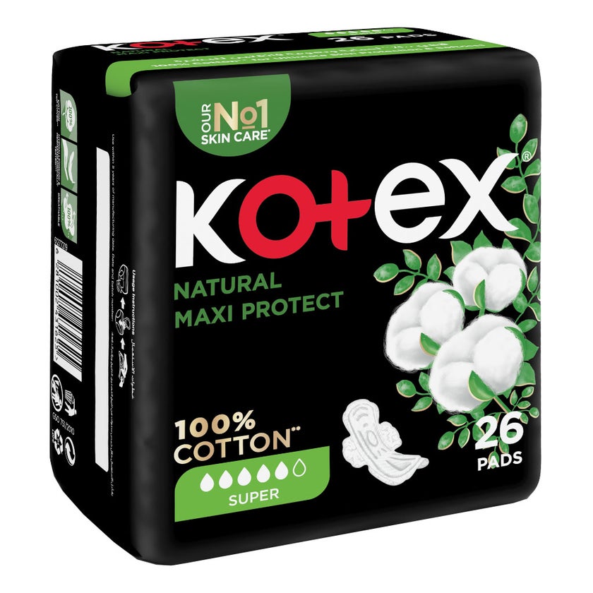 Kotex Natural Maxi Protect Thick 100% Cotton Pad With Wings, Super Size, Pack of 26's
