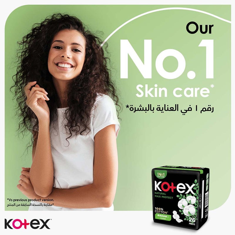Kotex Natural Maxi Protect Thick 100% Cotton Pad With Wings, Super Size, Pack of 26's