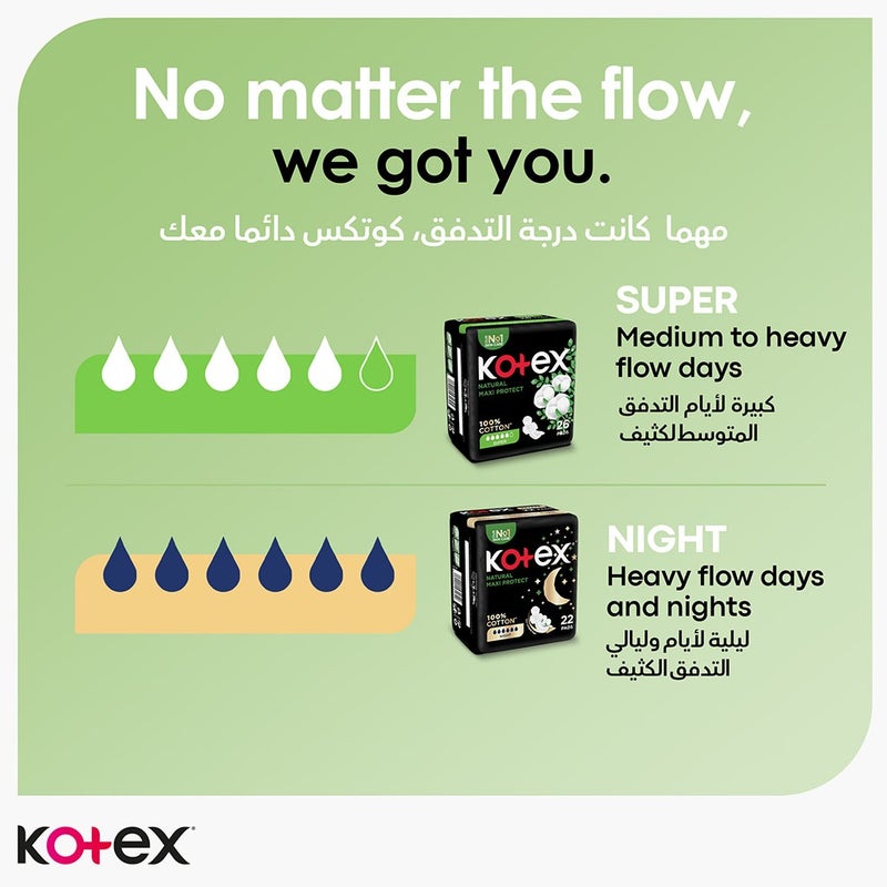 Kotex Natural Maxi Protect Thick 100% Cotton Pad With Wings, Super Size, Pack of 26's
