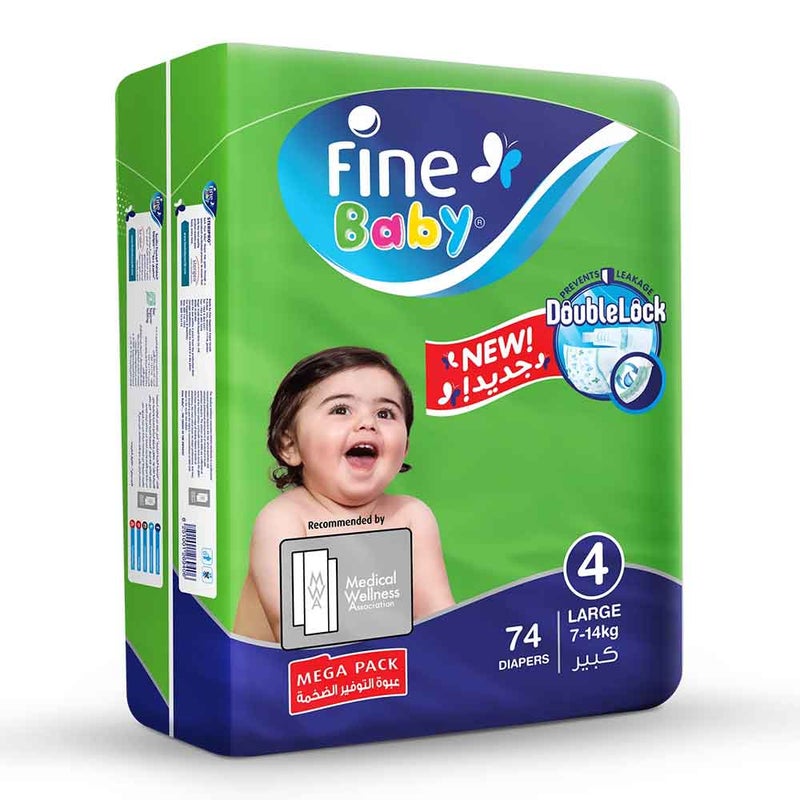 Fine Baby Double Lock Large Diapers Size 4, 7-14 Kg 74's