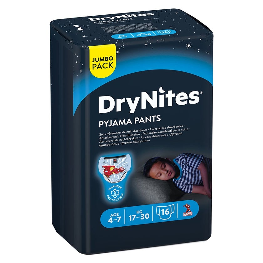 Huggies DryNites Pyjama Pants, 4-7 Years,17-30Kg, Bed Wetting Diapers For Boys, Jumbo Pack of 16's