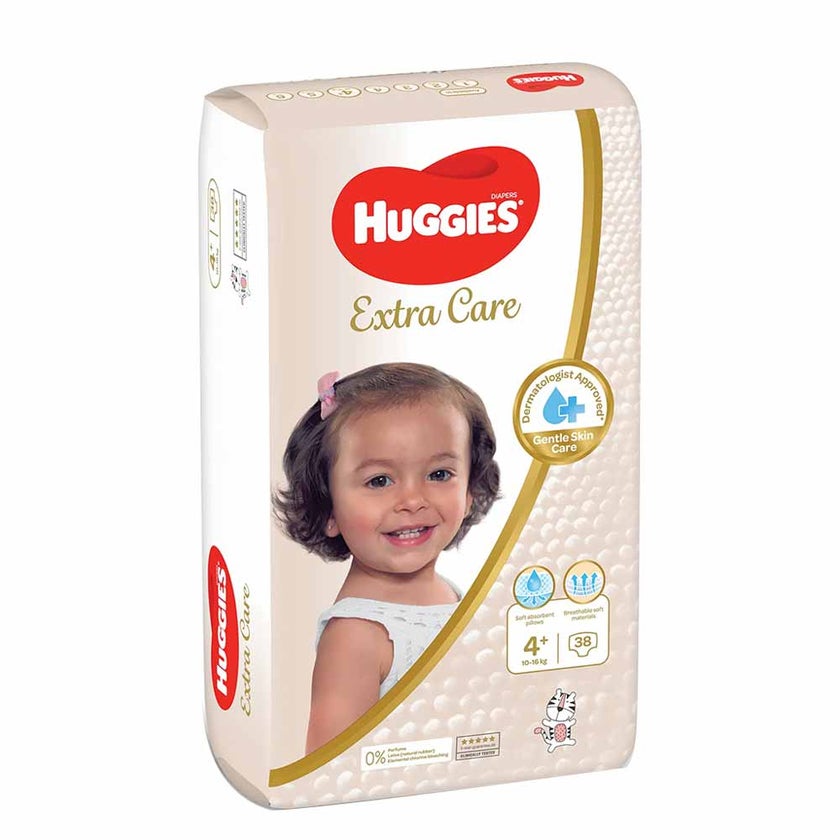 Huggies Extra Care Baby Diapers, Size 4+, 10-16Kg, Value Pack of 38's