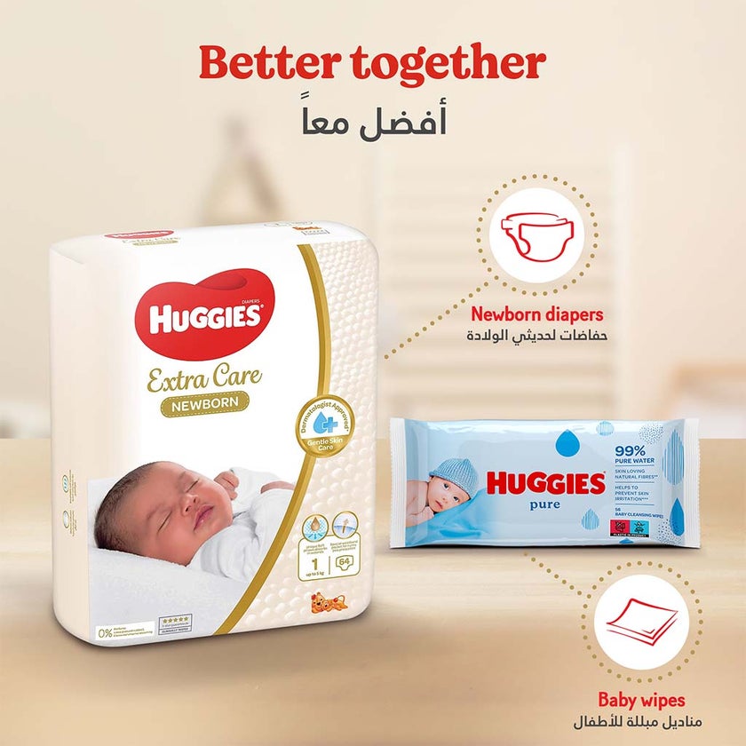 Huggies Extra Care Newborn Diapers, Size 1, Up to 5Kg, Pack of 21's