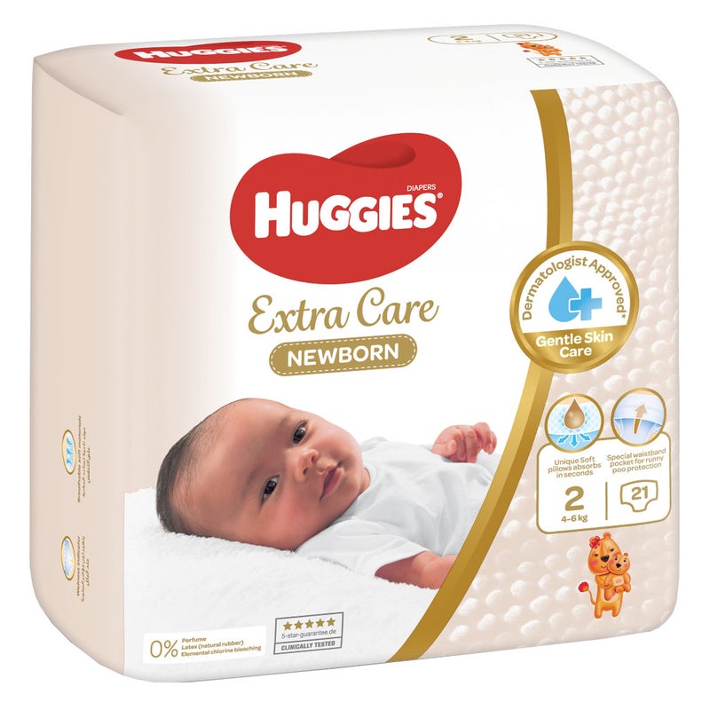 Huggies Extra Care Newborn Diapers, Size 2, 4-6Kg, Pack of 21's