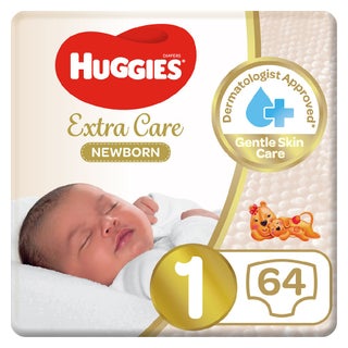 Huggies Extra Care Newborn Diapers, Size 1, Up to 5Kg, Jumbo Pack of 64's