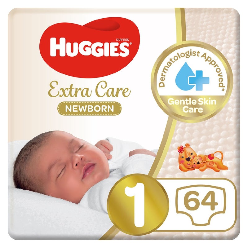 Huggies Extra Care Newborn Diapers, Size 1, Up to 5Kg, Jumbo Pack of 64's