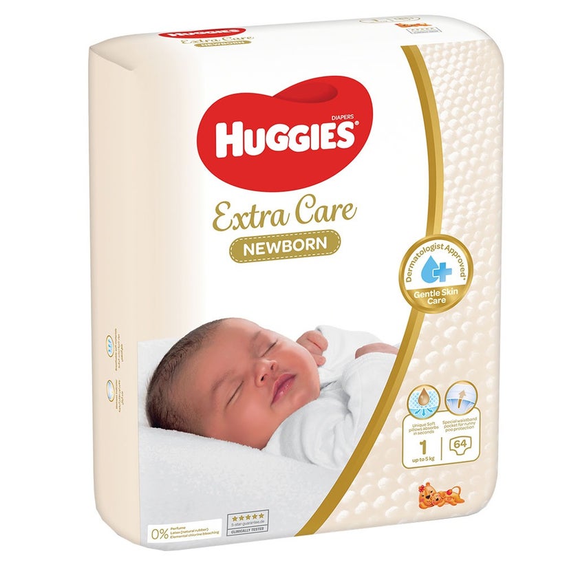 Huggies Extra Care Newborn Diapers, Size 1, Up to 5Kg, Jumbo Pack of 64's