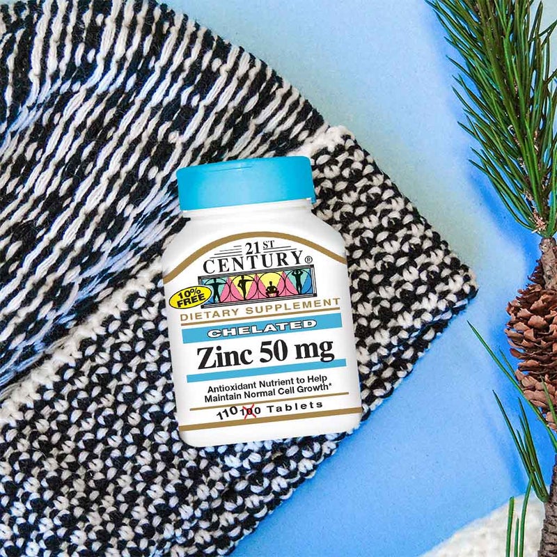 21st Century 50mg Chelated Zinc Tablets For Antioxidant Support, Pack of 110's