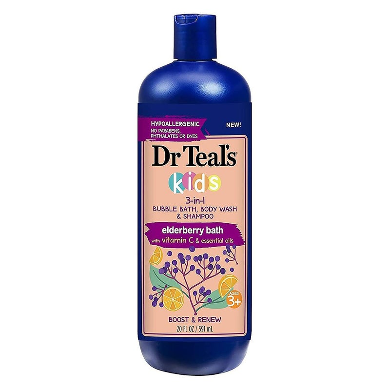 Dr Teal's Kids 3 In 1 Bubble Bath, Body Wash & Shampoo, Elderberry Bath With Vitamin C & Essential Oils 591ml
