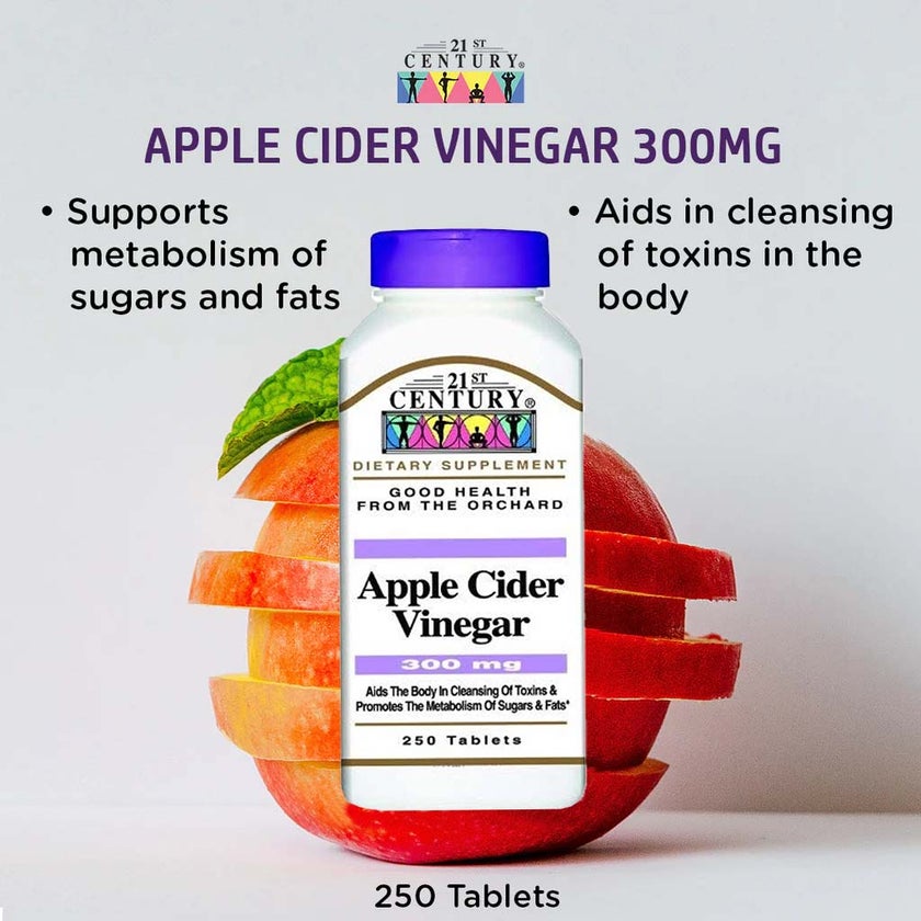 21st Century Apple Cider Vinegar 300mg Tablets For Detoxification & Metabolism Support, Pack of 250's