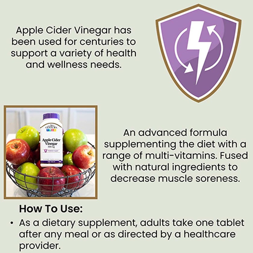 21st Century Apple Cider Vinegar 300mg Tablets For Detoxification & Metabolism Support, Pack of 250's