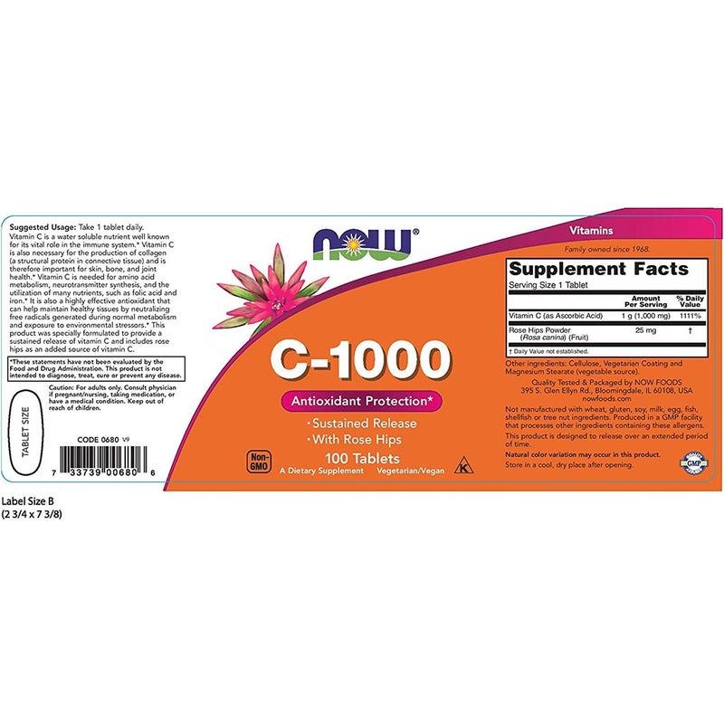 Now Vitamin C 1000mg Sustained Release Tablets With Rose Hips For Antioxidant Protection & Immune Support, Pack of 100's