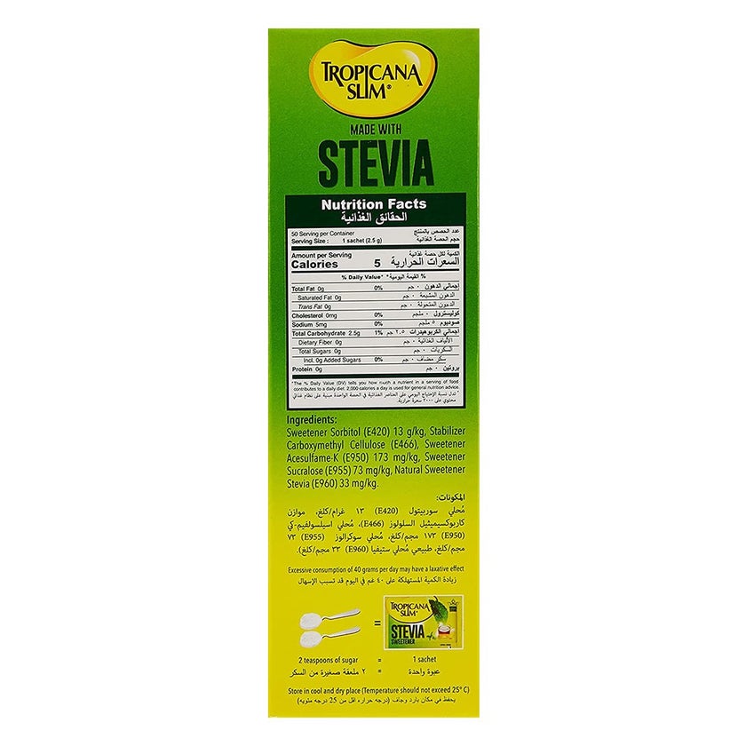 Tropicana Slim Made With Stevia Sweetener Sachets 2.5g, Pack of 50's