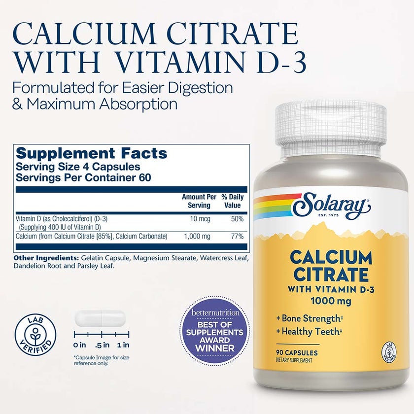 Solaray Calcium Citrate 1000mg With Vitamin-D3 Capsules, Pack of 90's