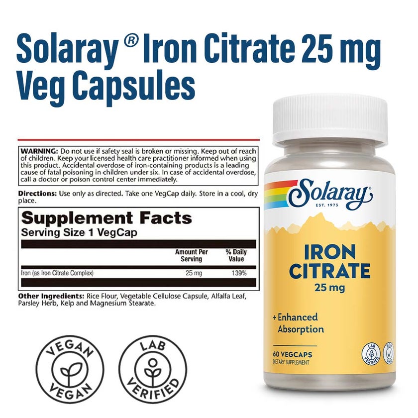 Solaray Iron Citrate 25mg Veg Capsules, Pack of 60's