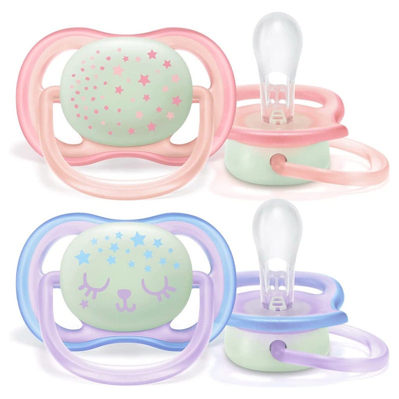 Philips Avent Ultra Air Silicone Soother Night Time For 0-6 Months Baby Girl, Pack of 2's